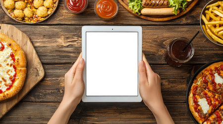 A delicious snack. Tablet mockup, top view. Presentation of the fast food restaurant website. A man holds a tablet with a white blank screen in front of a table with a variety of dishes, including pizza, hot dogs and French fries.の素材