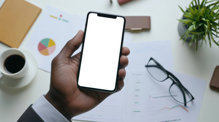 Presentation of a mobile application for business. A mockup of the phone on the background of the office manager's desk. A man holds a mobile phone with an empty white screen in his hand, top view. The concept of productivity and focusの素材