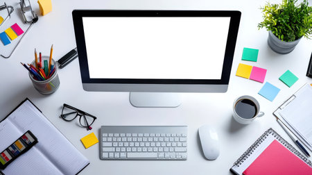 Computer monitor mockup. The workplace is the manager's office. Business concept. View from above. There is a stylish modern computer monitor, keyboard, mouse and a cup of coffee on the table. The table is littered with various objects: a notebook, pens, and a potted plant.の素材