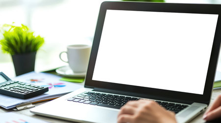 Laptop mockup, close-up. A man is typing on a laptop with a white blank screen. Business concept. Nearby there is a green potted plant, a calculator, office papers, and a cup of coffee. Office spaceの素材
