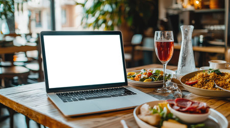On the table is an open laptop with a white blank screen, a glass of wine and plates of Spanish food. Laptop mockup. The stage creates a relaxed atmosphere. Advertisement of the Spanish cafe website. Delicious hearty dinner with paella, sangria and saladの素材