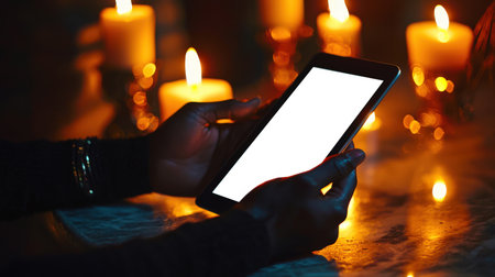 A man holds a tablet with a white screen in front of a table with burning candles. Memorial Day. Tablet mockup. The day of death. Halloween celebration. A sacred holiday. Earth Hour. Website advertisingの素材