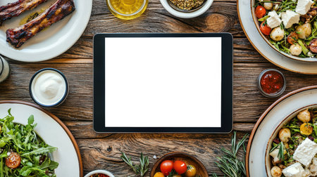 Presentation of the Greek cuisine menu. A tablet mockup to advertise a website or application with Greek cuisine recipes. A tablet with an empty screen lies on a wooden table with a variety of dishes. Fresh vegetable salad and lamb ribsの素材