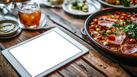 A stylish, modern white tablet is lying on a wooden table with plates of food in front of it. A delicious and healthy dinner. Tablet mockup. Presentation of the restaurant menu website or applicationの素材
