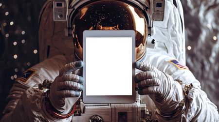 A guy in a space suit is holding a tablet with an empty white screen. A mockup of a stylish tablet for the presentation of a space application or website. An invitation to Cosmonautics Day. April 12th. Spaceの素材