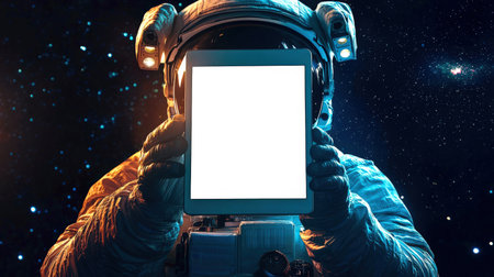 A space mockup of a tablet. An astronaut holds a tablet with a white screen against the background of the starry sky. The concept of exploration and curiosity, as the astronaut holds in his hands a device that can potentially provide information about the unknown.の素材