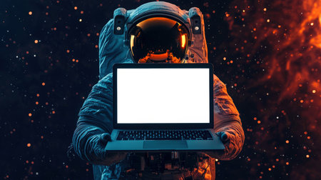 A brave cosmonaut in a spacesuit is flying in outer space and holding a laptop with a white screen in his hands. Laptop mockup. The image looks futuristic and cosmic. Space day. Invitation to the planetariumの素材