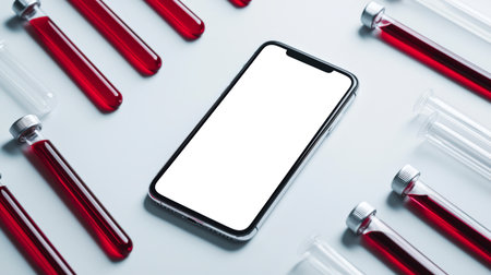 A cell phone with an empty white screen lies on a white table in a blood test laboratory. Phone mockup. Blood tubes for testing. The concept of scientific experiments and discoveries. The mobile appの素材