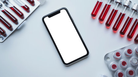A white-screen phone is lying on a table next to medical blood test tubes. A phone mockup for the presentation of a mobile application. April 17 is World Hemophilia Day. Health and medicineの素材