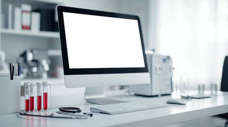 On the doctor's desk there is a computer monitor with a white blank screen, a keyboard, a mouse, test tubes with blood, etc. A mockup of a personal computer screen. The action takes place in a medical office, and a computer is widely used to keep patient records or perform other medical tasks.の素材