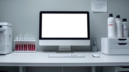 The computer monitor is on the table of the medical laboratory for the study of blood. Monitor mockup. The table is clean and tidy, with a mouse, keyboard, and blood vials next to it. The concept of productivity and efficiencyの素材