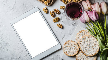 The concept of celebrating the Jewish Passover. A mockup of a stylish tablet. A tablet with a white screen lies on the table next to a glass of wine, walnuts, unleavened matzo cakes and a bouquet of tulips. Website advertisingの素材