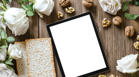 The tablet is lying on a wooden table with a bouquet of white roses, walnuts and Jewish unleavened matzo cakes. The table is empty and the flowers are white. A mockup of a modern tablet. The celebration of the Jewish Passover. View from aboveの素材