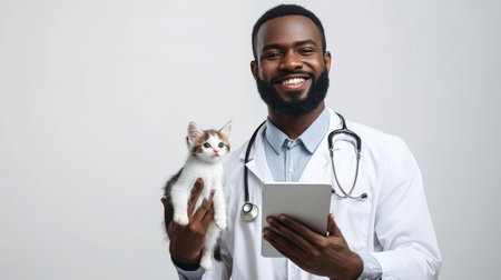 A smiling black man in a white medical coat with a stethoscope holds a small cat and a tablet in his hands. He's a veterinarian. The concept of celebrating veterinarian's Day. Love and careの素材