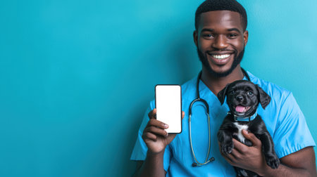 Portrait of a loving and caring veterinarian with a black puppy in his arms. A smiling black guy in a blue medical shirt with a stethoscope around his neck holds a mobile phone in his hand. Phone mockup. Veterinarian's Dayの素材