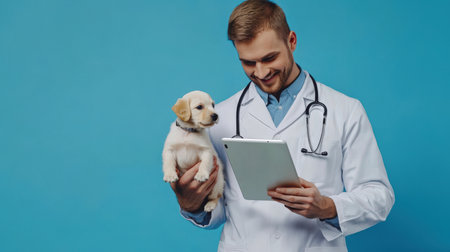 A cheerful young man in a white lab coat holds a small dog in his arms and looks at the test results on a tablet. A feeling of warmth and care. Veterinarian's Day. Online consultation with a veterinarian. Applicationの素材