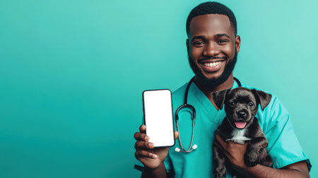 A black man in a turquoise shirt holds a puppy and a phone with an empty white screen. A mockup of a stylish phone in a veterinarian's hand. Presentation of a mobile application for ordering goods and medicines for petsの素材