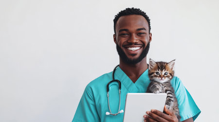 The confident, positive black veterinarian holds a tablet and a small fluffy kitten in his hand and smiles. The concept of helping, caring, and treating pets. Celebration of the veterinarian's day. A happy man is a medical student.の素材