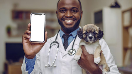 Portrait of a happy black man in a white medical coat with a puppy in his arms. The veterinarian holds a cell phone with a white blank screen. Phone mockup. Advice from a pet specialist. The mobile appの素材
