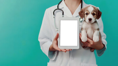 A white female doctor in a white lab coat holds a tablet with an empty screen and a puppy in her hands. Tablet mockup. The concept of warmth and care. Make an appointment with a veterinarian. Veterinarian's Day. Online consultation.の素材