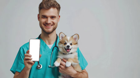A cute caring doctor in a turquoise medical uniform holds a cute puppy and a mobile phone in his hands. Veterinarian's Day. Phone mockup. Pet treatment. Online pet supplies shopping. The mobile appの素材