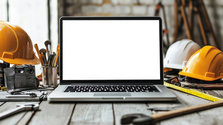Advertising of the construction company's website. On the table is an open laptop with a white screen, next to it a yellow tape measure, construction helmets and a set of tools. Repair and construction. Builder's Day.の素材