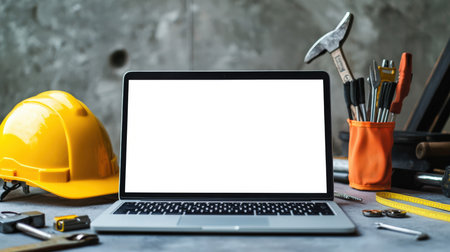 Repair and construction. An open laptop with a white blank screen lies on the table, next to it a yellow construction helmet and tools. Laptop mockup for website presentation. The scene is suggestive of a work environment.の素材