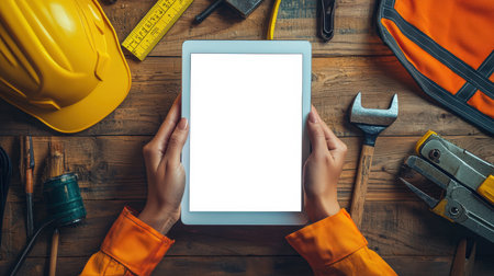 A worker studies the project plan for the renovation of the building. Tablet mockup, top view. Close-up of a woman holding a tablet with a white screen against the background of a wooden table with tools and a construction helmet.の素材