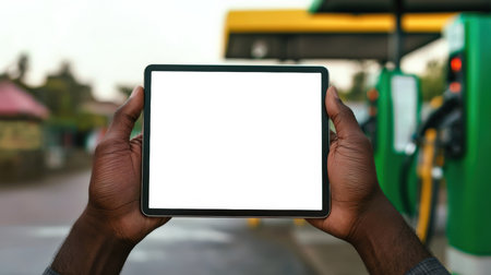 Close-up of a black guy holding a tablet with a white blank screen. Tablet mockup. Advertising of eco-friendly biofuels. Refueling a gas station with biodiesel with green knees. Alternative plant biofuels.の素材