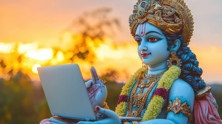 A statue of Krishna with a laptop in his hands. The ancient Vedic Indian god and modern technology. Peace and tranquility. The setting sun is in the background. The history of Hinduism. Meditation and retreat.の素材