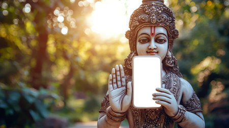 The concept of advertising a mobile application for meditation and relaxation. phone mockup. Stone statue of Krishna with a cell phone with a white screen in his hand. An invitation to a party. Online shopping of Indian goods. The statue depicts a Hindu god in a forest.の素材