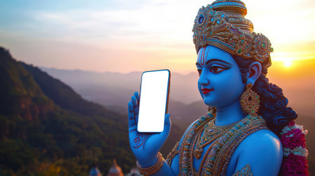 Demonstration of the mobile application. Beautiful colorful blue statue of the Indian god Krishna in the mountains at sunset. Phone mockup. An Indian god holds a cell phone with a white screen in his hand. Meditation and retreat.の素材
