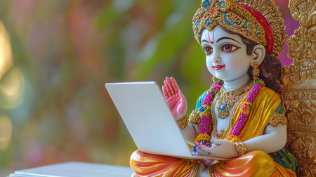 A statue of sweet little Krishna with an open laptop on his lap. The history of Hinduism. Meditation and retreat in India. The child is smiling and enjoying working at the computer. Religion and cult. Website advertisingの素材