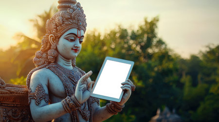 The concept of calmness, meditation and pacification. An invitation to a retreat in India. Tablet mockup. The Indian god Krishna holds a stylish tablet with an empty screen in his hand to demonstrate a website or application. Dawn in the mountains.の素材