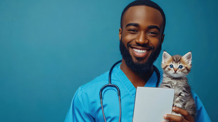 A happy black guy in a blue doctor's shirt with a stethoscope around his neck holds a tablet and a kitten in his hands. Veterinarian's Day. Assistance, care and treatment of pets. Make an appointment for a consultationの素材