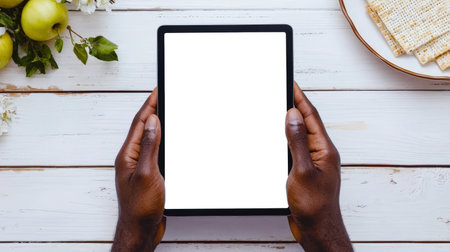 A black man holds a tablet with a white screen against the background of a white wooden table with matzo and a branch of apples, top view, close-up. Tablet mockup. The Jewish Easter. Passover. Presentation of the website or applicationの素材