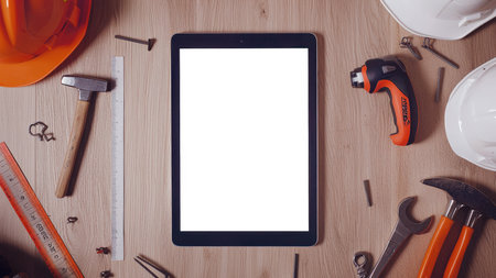 A tablet with a white screen lies on the table next to a hammer, screwdriver, construction helmets and other tools. Tablet mockup, top view. Website advertising. The concept of creativity and productivityの素材