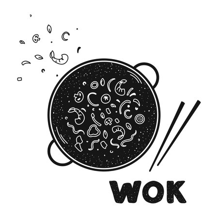 Asian food noodles with shrimps and vegetables cooked in wok pan. Hand drawn black and white vector illustrationのイラスト素材