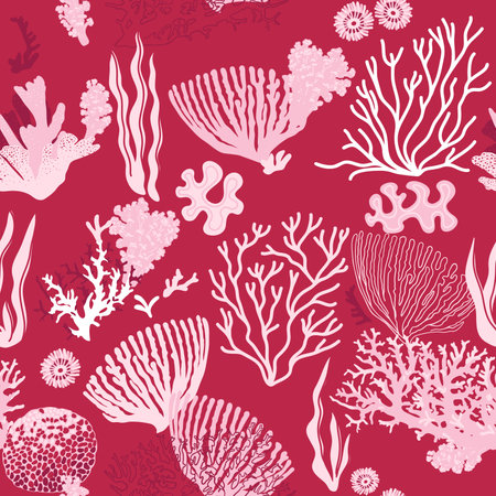 Seamless pattern with hand drawn corals on viva magenta background. Sea design for fabric, wrapping paperのイラスト素材