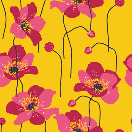 Seamless pattern with big fantasy flowers on bright yellow background. Floral design for fabric, home textile, wrapping paperのイラスト素材