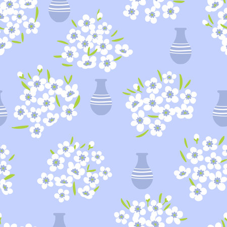 Seamless pattern of vases with white flowers. Floral illustration isolated on lilacのイラスト素材