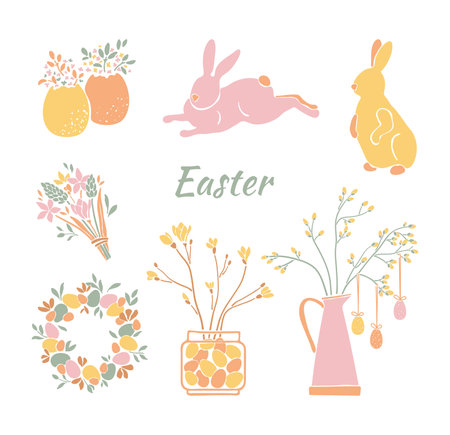 Set of hand drawn Easter elementsのイラスト素材