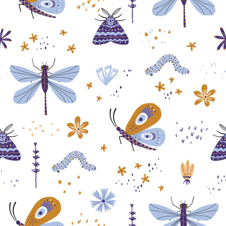 Seamless pattern with insects and flowersのイラスト素材
