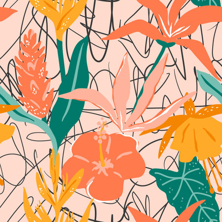 Seamless pattern with stylized tropical flowersのイラスト素材