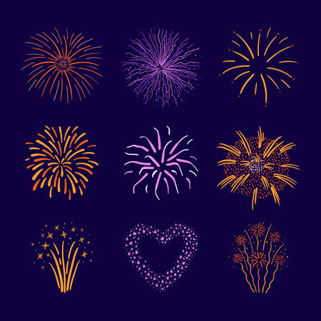Hand drawn set of colorful fireworksのイラスト素材