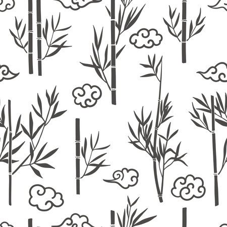 Hand drawn bamboo and japanese clouds seamless patternのイラスト素材