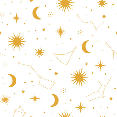 Seamless boho pattern with constellations, stars, sun and moon