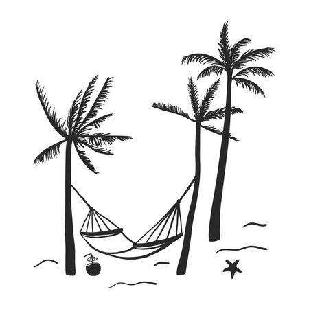 Hand drawn palm trees with hammock on the beachのイラスト素材