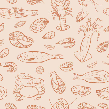 Seamless pattern with hand drawn seafood. Different types of fish, clams and shellfishのイラスト素材