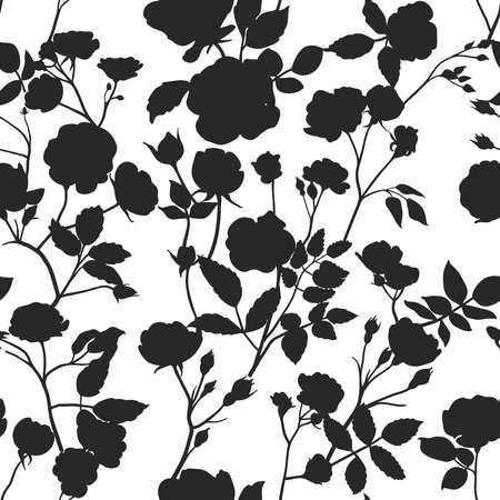 Monochrome seamless pattern with silhouettes of garden rosesのイラスト素材